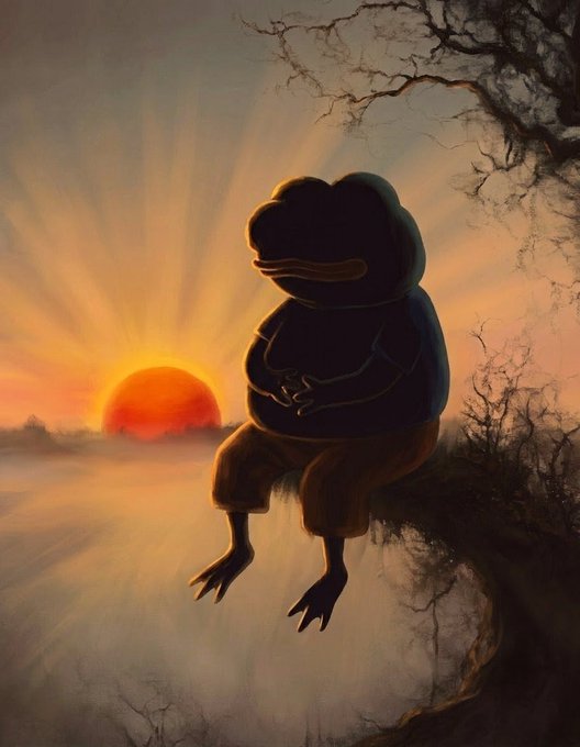 Atmospheric digital illustration of a frog-like character sitting contemplatively on a tree branch silhouetted against a vibrant orange sunset with mist and bare branches.