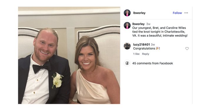 An Instagram post from user "ibworley" shows a wedding photo of a smiling couple in formal attire—a man in a black tuxedo with a white rose boutonniere and a woman in a white one-shoulder gown—with the caption "Our youngest, Bret, and Caroline Wiles tied the knot tonight in Charlottesville, VA. It was a beautiful, intimate wedding!"