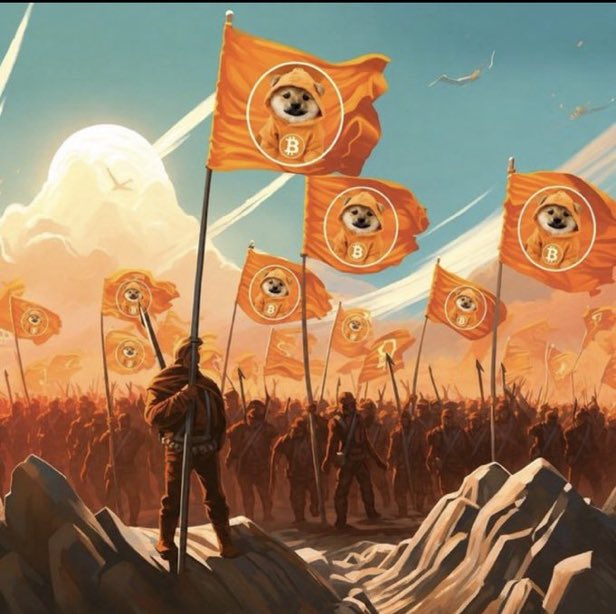 An illustrated scene of an army raising orange flags emblazoned with the Bitcoin hoodie dog mascot, symbolizing a $DOG/Bitcoin rallying movement.