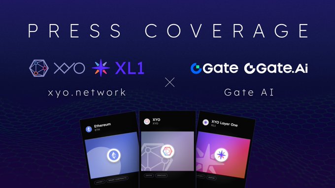A 'PRESS COVERAGE' announcement graphic showing a partnership between xyo.network (XYO/XL1) and Gate AI (Gate/Gate.Ai), displaying three token cards for Ethereum, XYO, and XYO Layer One.