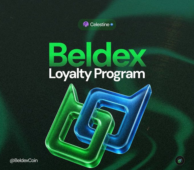 A promotional graphic for the 'Celestine' account promoting the 'Beldex Loyalty Program' with green and white text alongside interlocking green and blue chain links, tagged '@BeldexCoin'.