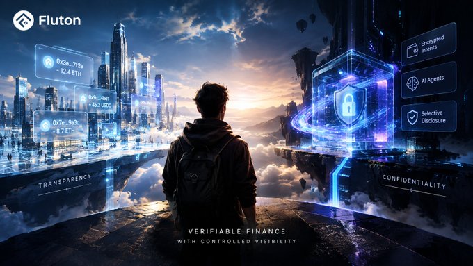 A digital promotional image for 'Fluton' shows a person standing on a ledge overlooking a futuristic city and clouds, facing a glowing blue shield icon. Text highlights 'Encrypted Intents,' 'AI Agents,' 'Selective Disclosure,' and 'VERIFIABLE FINANCE WITH CONTROLLED VISIBILITY.'
