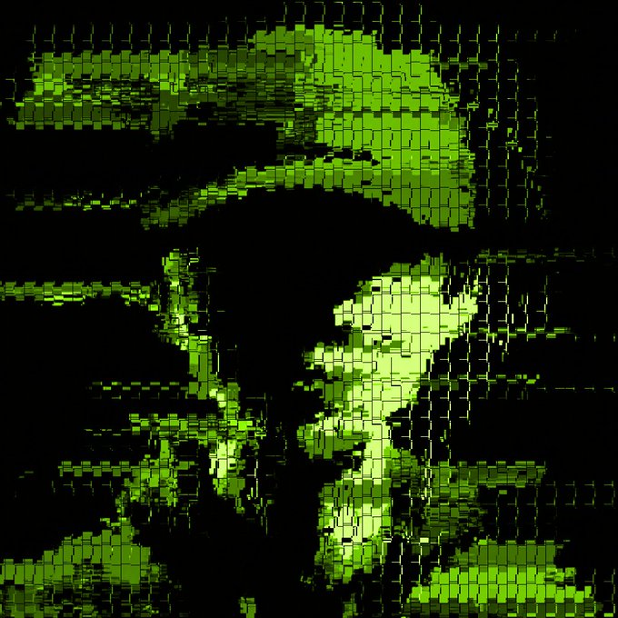 A green and black glitch-art portrait featuring a pixelated, static-distorted face in profile against a dark background. The image serves as a promotional visual for the "Hood Signals" giveaway, matching the glitch aesthetic of the one-of-one digital artwork being offered.