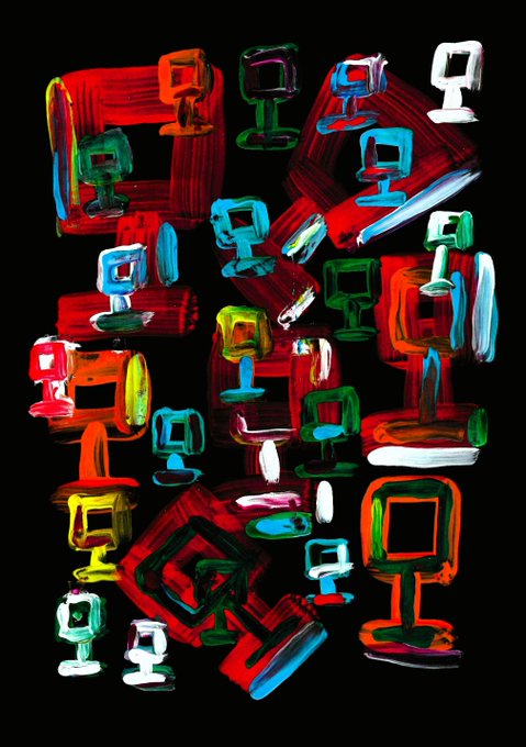 Abstract digital painting featuring multiple colorful, stylized computer monitors in red, blue, green, yellow, and white arranged on a black background.