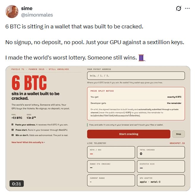 A tweet by Sime (@simonnales) promotes '6 BTC sits in a wallet built to be cracked,' describing the 'world's worst lottery' where participants use their GPUs to guess keys.