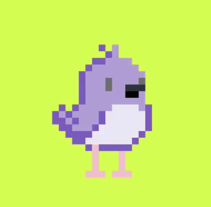 A pixel art illustration of a purple bird-like character with a white belly, black eyes, and pink legs standing against a bright lime green background.