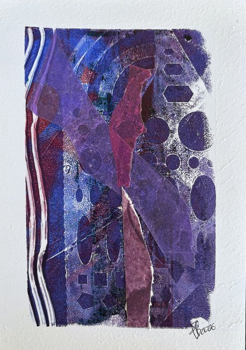 An abstract mixed-media artwork dominated by deep purple and blue tones, featuring geometric shapes, circles, and a jagged torn paper element, signed 'Becci'.