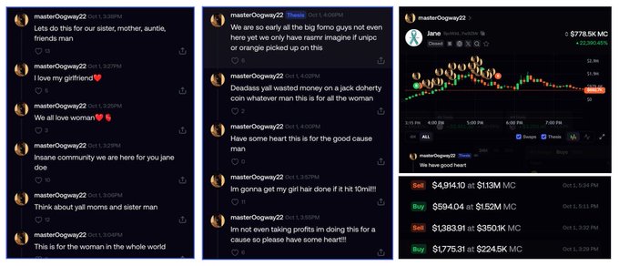Screenshots show tweets from 'masterOogway22' making various provocative statements about relationships, alongside a crypto chart showing the $JANE token at $22,380.45 and account holdings.