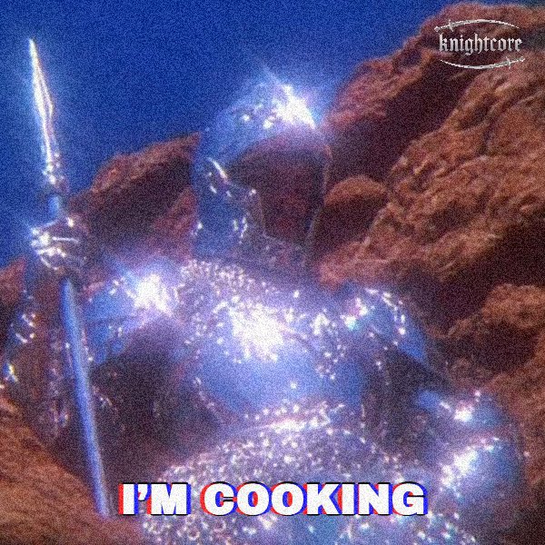 A knightcore-style image shows an armored knight holding a sword, with sparks or glitter scattered across the figure, and the caption "I'M COOKING" displayed at the bottom in a stylized font, tying into the $KNIGHT ticker to humorously suggest the knight is "cooking" or performing well.