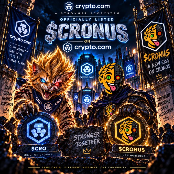 Promotional graphic announcing 'SCRONUS OFFICIALLY LISTED ON crypto.com' with text 'A STRONGER ECOSYSTEM', 'SAME CHAIN. HIGHER STANDARDS', '$CRO BUILT ON CRONOS', '$CRONUS NEW HORIZONS', and 'STRONGER TOGETHER'.