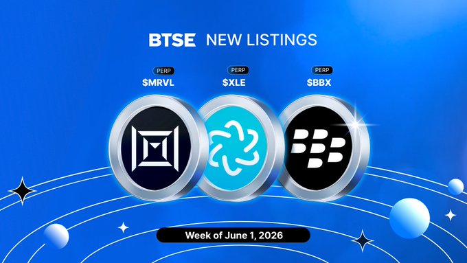 The image features a poster for BTSE's new listings, with three different logos representing Perps, Marvell Technology, XLE, and State Street Energy Select Sector SPDR ETFs. The poster also includes text that reads "Week of June 1, 2026" and "New Listings on #BTSE". This suggests that the image is promoting a collection of new listings for BTSE's stock market offerings.