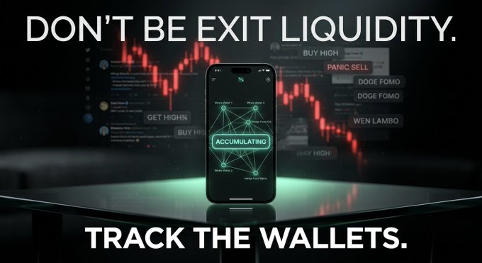 A promotional graphic warning "DON'T BE EXIT LIQUIDITY" with "TRACK THE WALLETS," showing a phone displaying wallet accumulation patterns amid a crashing red crypto chart with meme phrases like BUY HIGH and DOGE FOMO.