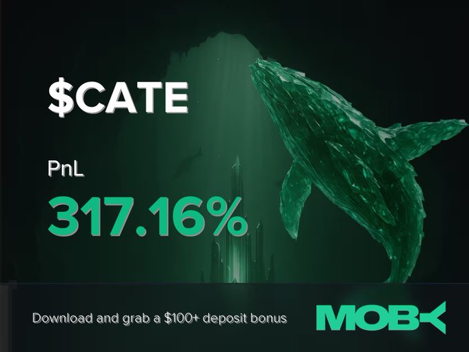 A promotional graphic from Moby Mobile displays a "$CATE Win Alert" with a PnL of 317.16%, featuring a stylized whale illustration alongside an offer to "Download and grab a $100+ deposit bonus," visually celebrating the trader's significant profit on the $CATE token.