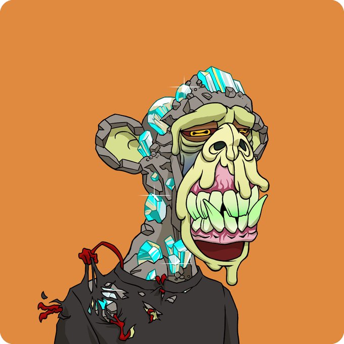 A cartoon illustration of a grotesque green-skinned ape or monkey character with bared teeth, adorned with blue crystals on its head and gray rocky armor on an orange background.