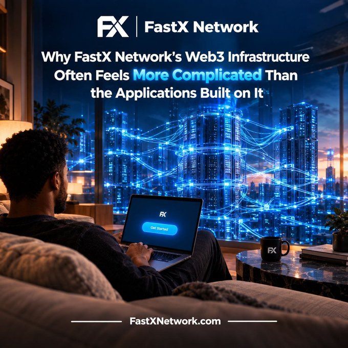 A promotional graphic for FastX Network asking 'Why FastX Network's Web3 Infrastructure Often Feels More Complicated Than the Applications Built on It,' showing a person on a couch using a laptop with a glowing cityscape visible through the window.
