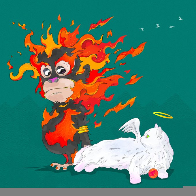 A stylized digital illustration shows a black monkey-like creature engulfed in orange and red flames beside a fluffy white creature with a yellow halo, set against a teal background.