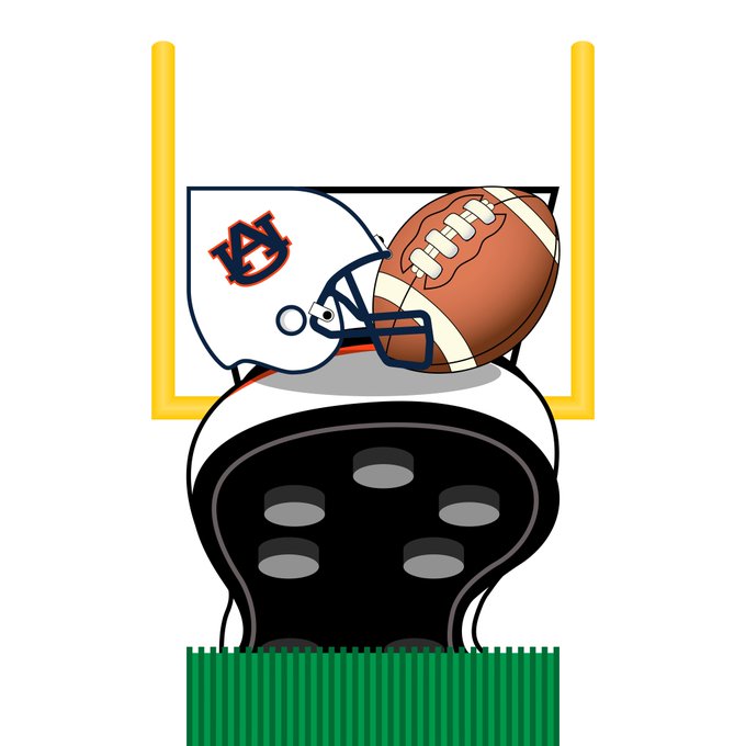 A cartoon illustration shows an Auburn (AU logo) football player running over a goalpost with a football while stepping on a black cleat on green turf.