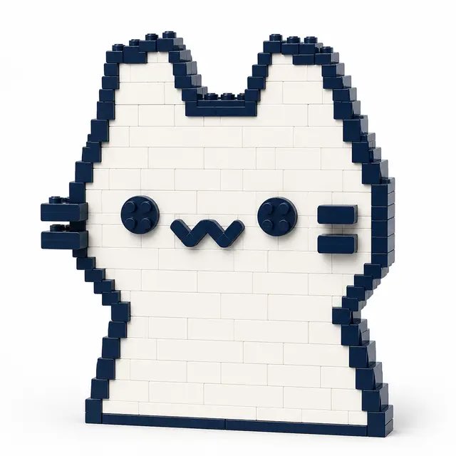 A 3D LEGO-style pixelated rendering of a cute white and navy blue cat-like character with a "w" mouth.