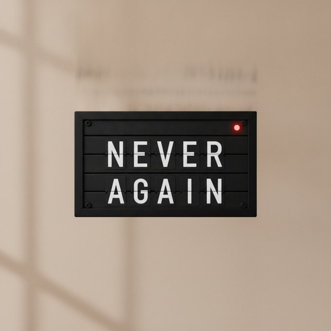 A black sign with white lettering spelling 'NEVER AGAIN' is mounted on a beige wall with sunlight casting shadows.