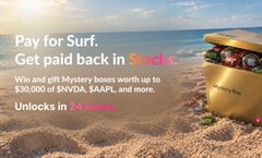 A promotional banner for the Surf browser that says 'Pay for Surf. Get paid back in Stocks,' advertising referral earnings in NVDA, $AAPL, and more, unlocked in 14 hours.