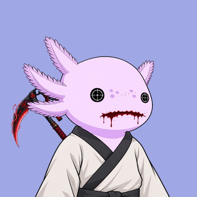 An illustration of a pink axolotl character with crosshair eyes and blood dripping from its mouth, wearing traditional robes and holding a bloodied scythe.