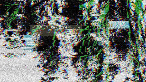 A highly distorted, glitch-art style image with heavy static and chromatic aberration obscuring an underlying scene.