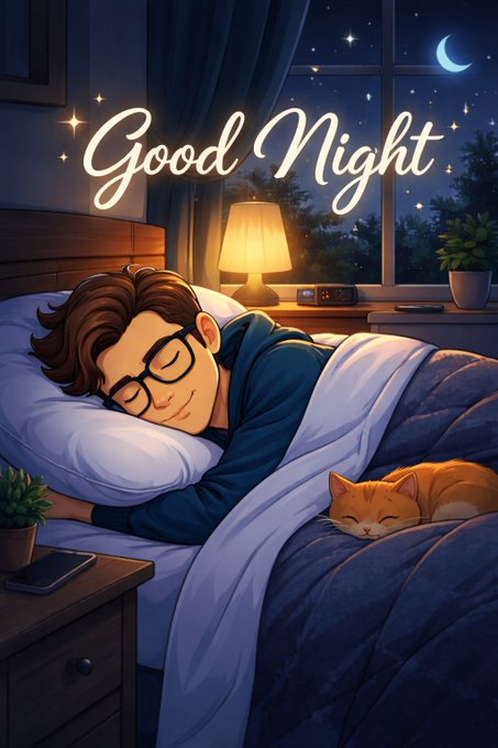 A man with glasses sleeps peacefully in bed beside a ginger cat, illuminated by a bedside lamp under a starry night sky with a crescent moon, with glowing "Good Night" text overhead—visually echoing the post's winding-down sentiment while symbolizing the steady, behind-the-scenes dedication the post highlights.