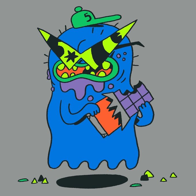 A cartoon blue monster wearing a green cap with the number 5, sporting lightning bolt sunglasses and a dripping purple mouth, holding a torn purple grid object.