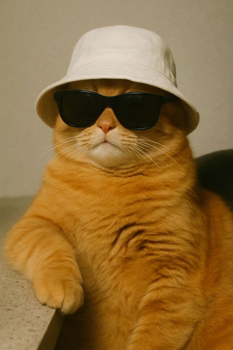 An orange tabby cat wearing a cream-colored bucket hat and black sunglasses, posing with a cool, relaxed expression against a plain wall.