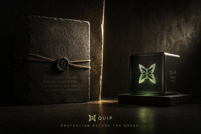The image shows a dramatic split scene with a dark stone tablet on the left inscribed with "2010 CONTINGENCY PLAN" and a Bitcoin seal tied with rope, and a glowing black cube on the right displaying the Quip Network butterfly logo with text reading "QUIP NETWORK" and "PROTECTION BEFORE THE BREAK." This visual represents Quip Network's post-quantum security solution emerging as a protective measure against the eventual breaking of Bitcoin's current encryption algorithms.