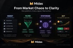 A dark-themed dashboard for 'Midas' titled 'From Market Chaos to Clarity' with four sections labeled 'INGEST', 'FILTER', 'SYNTHESISE', and 'ACT', showing various charts and metrics.