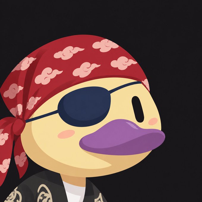 A digital illustration of a cartoon duck character wearing a red bandana with cloud patterns, an eyepatch, and gold jewelry against a black background.