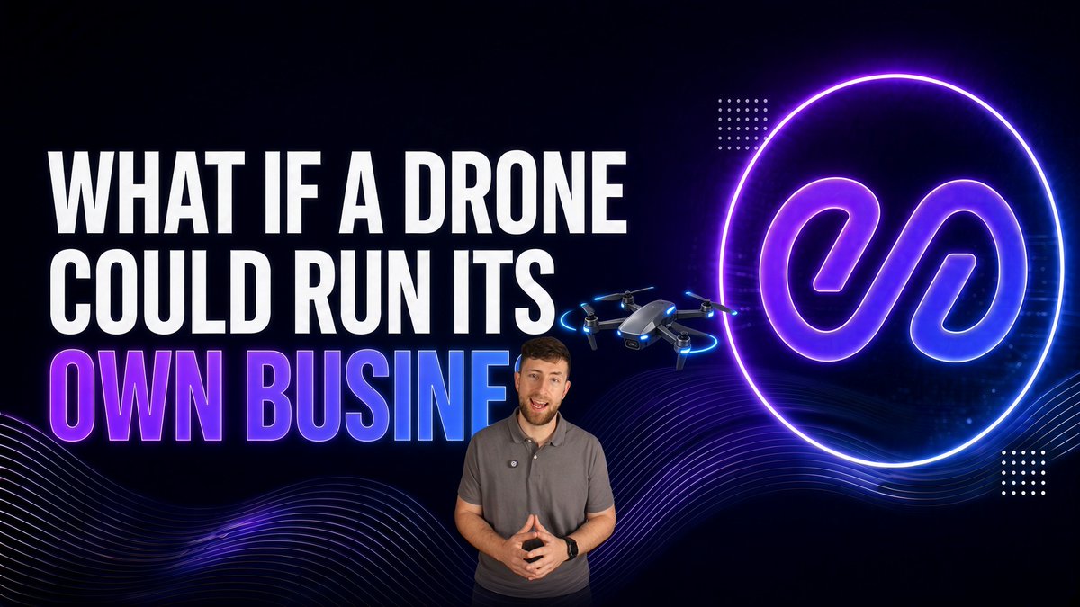 A man stands in front of a bold purple and blue graphic that reads "WHAT IF A DRONE COULD RUN ITS OWN BUSINE[SS]" alongside an infinity symbol and a drone, visually reinforcing the $PEAQ concept of autonomous machines participating in the economy.
