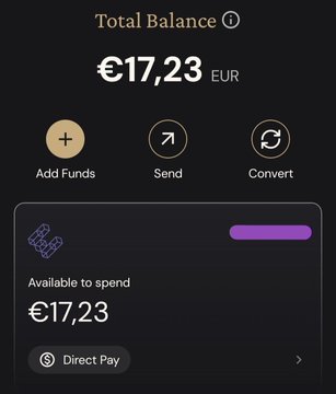 Mobile wallet interface showing a Total Balance of €17.23 EUR with options to Add Funds, Send, Convert, and Direct Pay features.