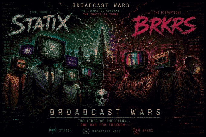 A dark, stylized poster titled 'BROADCAST WARS' with the tagline 'TWO SIDES OF THE SIGNAL. ONE WAR FOR FREEDOM.' featuring two factions, 'STATIX' (The Signal) on the left and 'BRKRS' (The Disruption) on the right, depicted as figures with television sets for heads.