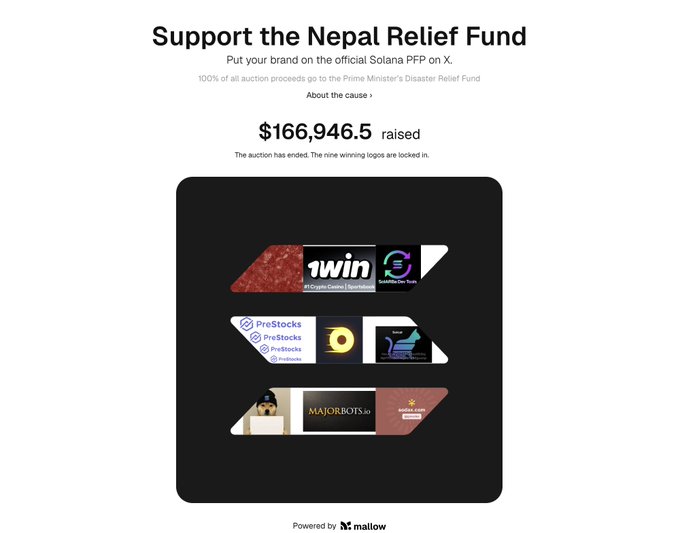 A fundraiser page displays "Support the Nepal Relief Fund" with $166,946.50 raised, featuring nine winning logos—including "1win," "PreStocks," "MAJORBOTS.io," and "Google.com"—now displayed on the official Solana PFP on X.