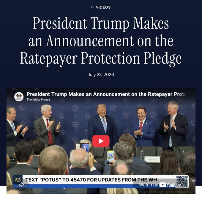This image depicts "President Trump Makes an Announcement on the Ratepayer Protection Pledge" on July 23, 2026. The accompanying post connects this event to a potential policy shift that favors cryptocurrencies, like $XRP, as a national priority.