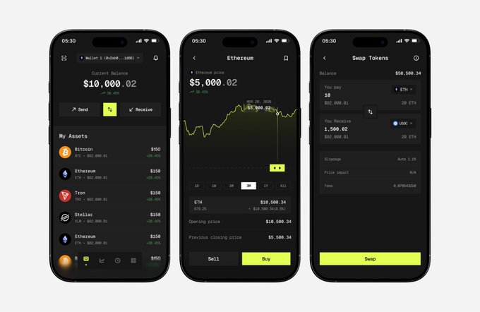Three smartphone screens displaying a cryptocurrency app showing balances, Bitcoin, Ethereum, Tron, and Stellar assets, along with a swap tokens interface.