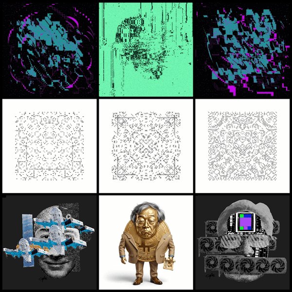 The image shows various squares containing different cartoon drawings or photographs arranged in a grid-like structure with nine rows and three columns. The largest square features a gold figure, possibly an old man or a funny clown, surrounded by other colorful images. Each square also has a caption below it providing context for the artwork displayed.