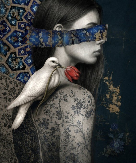 An artistic portrait of a woman in profile wearing a decorative blue blindfold, with a white dove holding a red tulip perched on her shoulder against a patterned backdrop.
