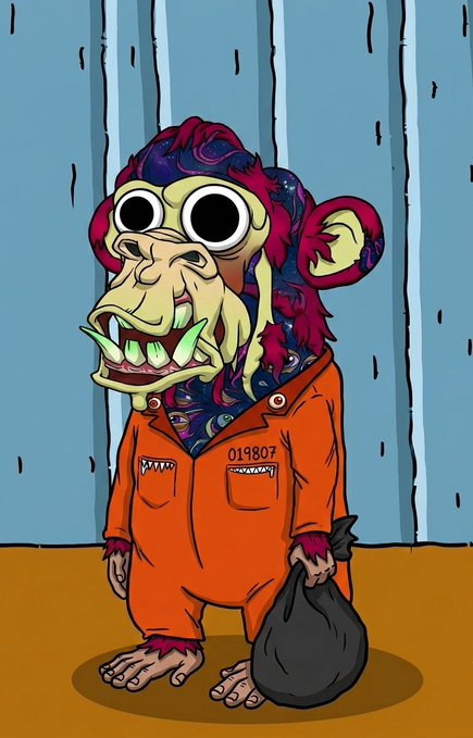 Colorful cartoon illustration of a Bored Ape-style character with multicolored fur wearing an orange prison jumpsuit labeled '019807,' holding a black bag.