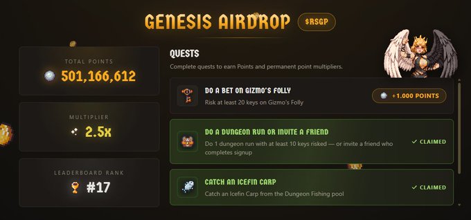 A digital interface titled "GENESIS AIRDROP $RSGP" showing Total Points of 501,166,612, a 2.5x multiplier, Leaderboard Rank #17, and quests including "DO A BET ON GIZMO'S FOLLY," "DO A DUNGEON RUN OR INVITE A FRIEND," and "CATCH AN ICEFIN CARP."