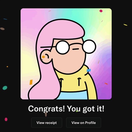 The image features a cartoon girl with pink hair wearing glasses and a yellow shirt. The text "Congratulations! You got it!" is displayed at the bottom of the image, indicating that she has achieved something or completed a task. The background of the image is filled with confetti, suggesting a celebratory event or achievement. The post also includes a link to view the girl's profile on Mondrian Friday and a message about Mrs. Hobbsy from Saturday morning.