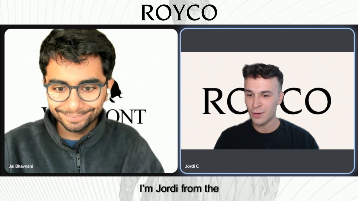 The image shows two men sitting next to each other with their faces displayed on a computer screen. They are both wearing glasses, and there is text visible that reads "I'm Jordi from the Royco" along with some other information about Royco. The focus of this image seems to be on the connection between the two men and their involvement in the Royco company or project.