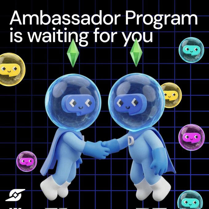 A black background features a blue and white 3D illustration of two space-themed characters shaking hands, surrounded by colorful bubbles against a grid pattern.