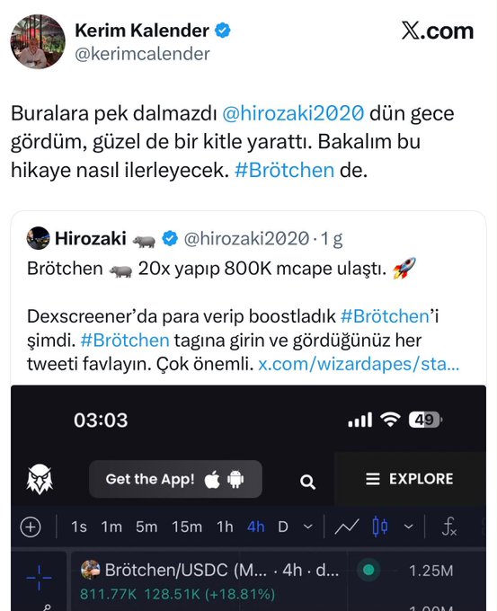 The image shows a tweet from Kerim Kalender (@kerimcalender) commenting on a post by Hirozaki (@hirozaki2020) about "Brötchen" reaching an 800K market cap after a 20x pump, with a Dexscreener screenshot showing Brötchen/USDC trading at 1.25M with an 18.81% gain. This relates to the caption's claim that Turkish influencers promoted the Brötchen coin to their followers, leading to significant financial losses for investors.