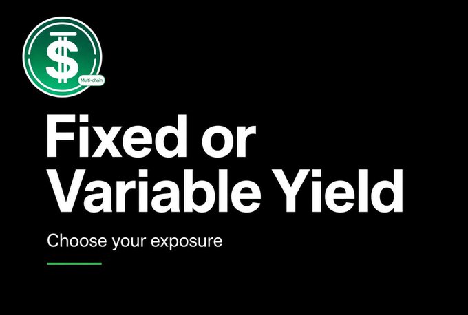 A black background with a green circular logo featuring a dollar sign and 'Multi-chain' text. Large white text displays 'Fixed or Variable Yield' with the subtitle 'Choose your exposure' underlined in green.