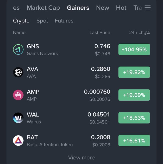 A cryptocurrency exchange screen showing the 'Gainers' tab with GNS (Gains Network) up +104.95%, AVA up +19.82%, AMP up +19.69%, WAL (Walrus) up +18.63%, and BAT (Basic Attention Token) up +16.61%.