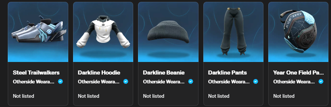 The image displays five digital apparel items from Otherside Wearables, including Steel Trailwalkers, Darkline Hoodie, Darkline Beanie, Darkline Pants, and Year One Field Pack, each marked as "Not listed." This aligns with the post celebrating the launch of a full outfit ("fit") from the Otherside platform, showcasing the newly minted wearable gear.