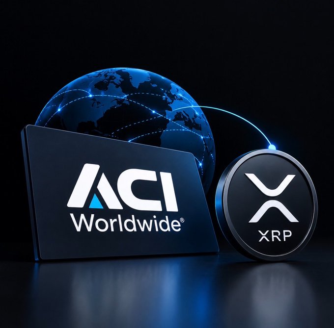A digital graphic displays an 'ACI Worldwide' logo card next to an XRP cryptocurrency coin, set against a glowing blue globe with connecting lines on a dark background.